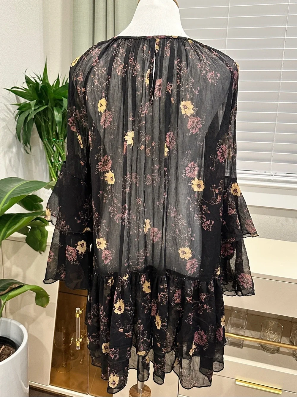 Free People Black Sheer Floral Tie-Neck Blouse